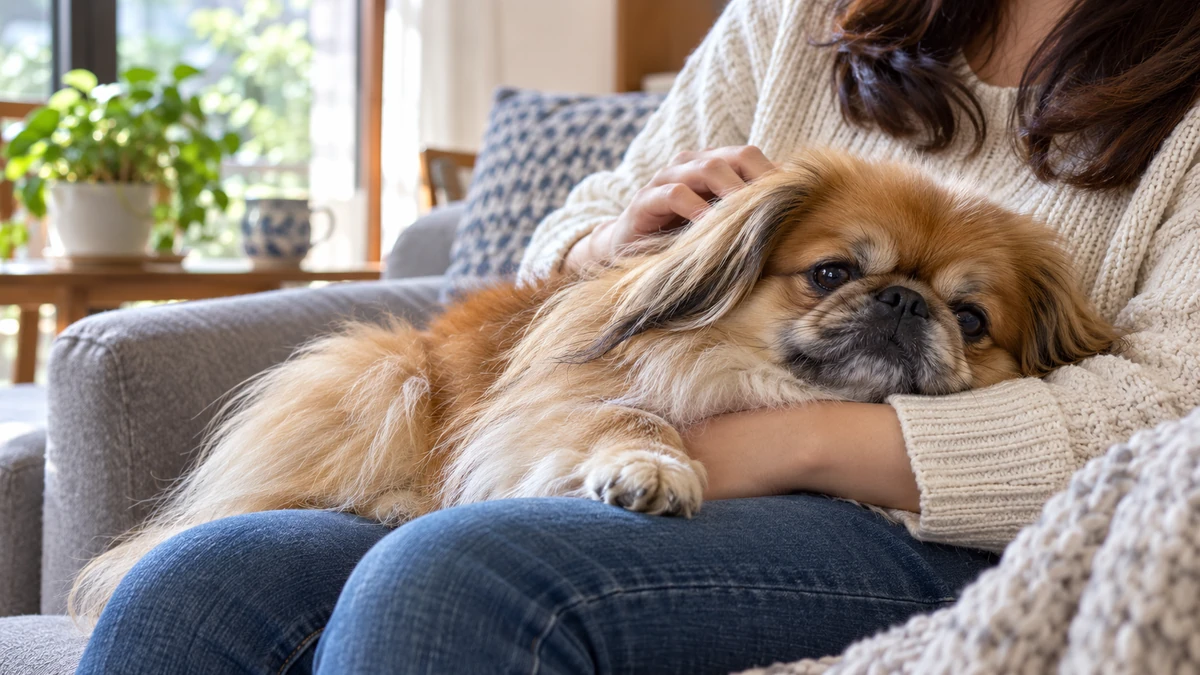 Pekinez köpek — sahibinin kucağında