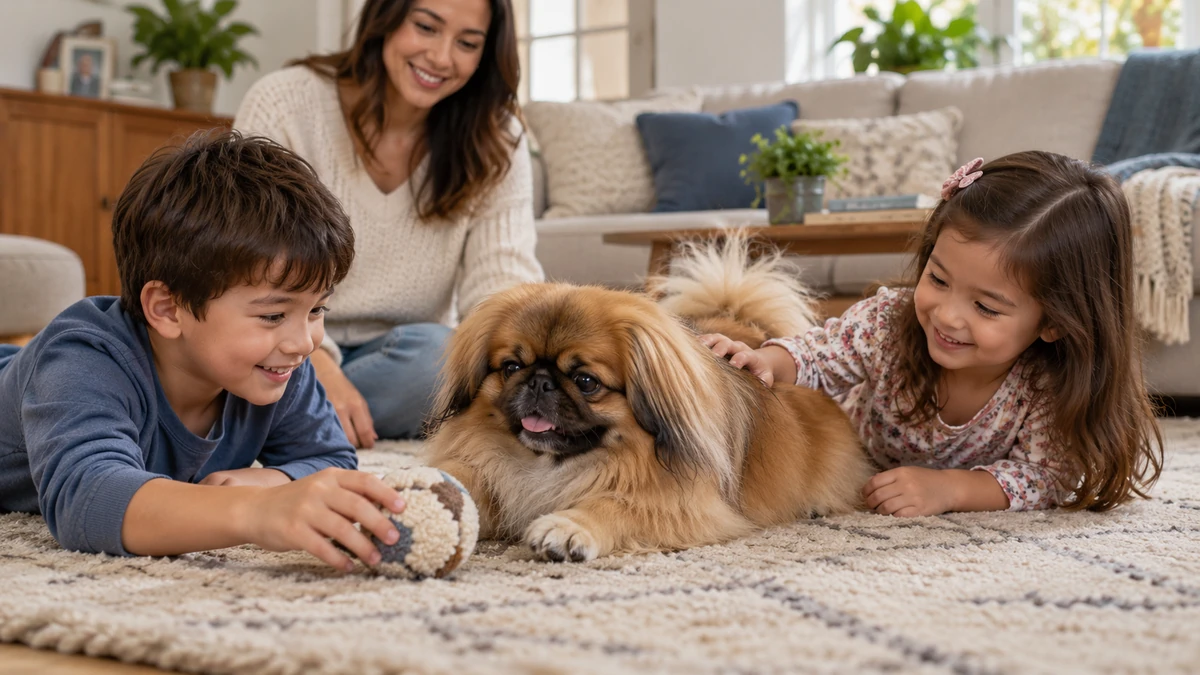Pekinez köpek — çocuklarla oyun