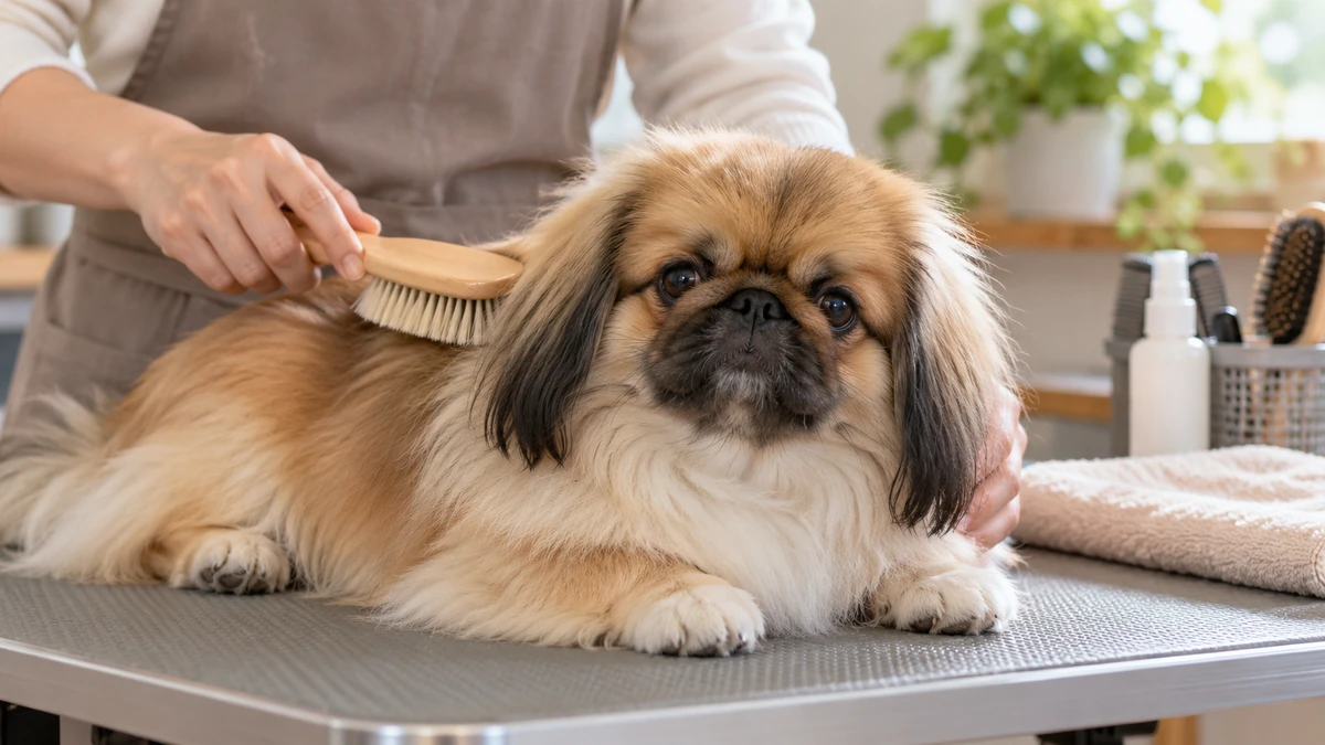 Pekinez yavru köpek — tüy bakımı ve fırçalama