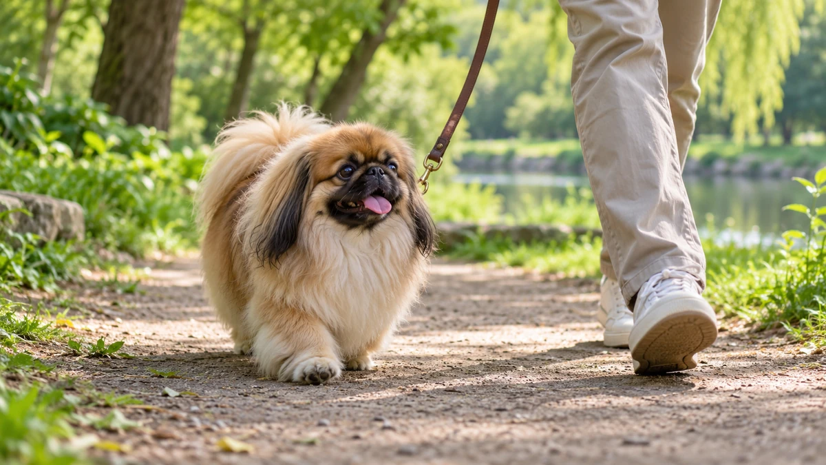 Pekinez köpek — parkta yürüyüş ve egzersiz